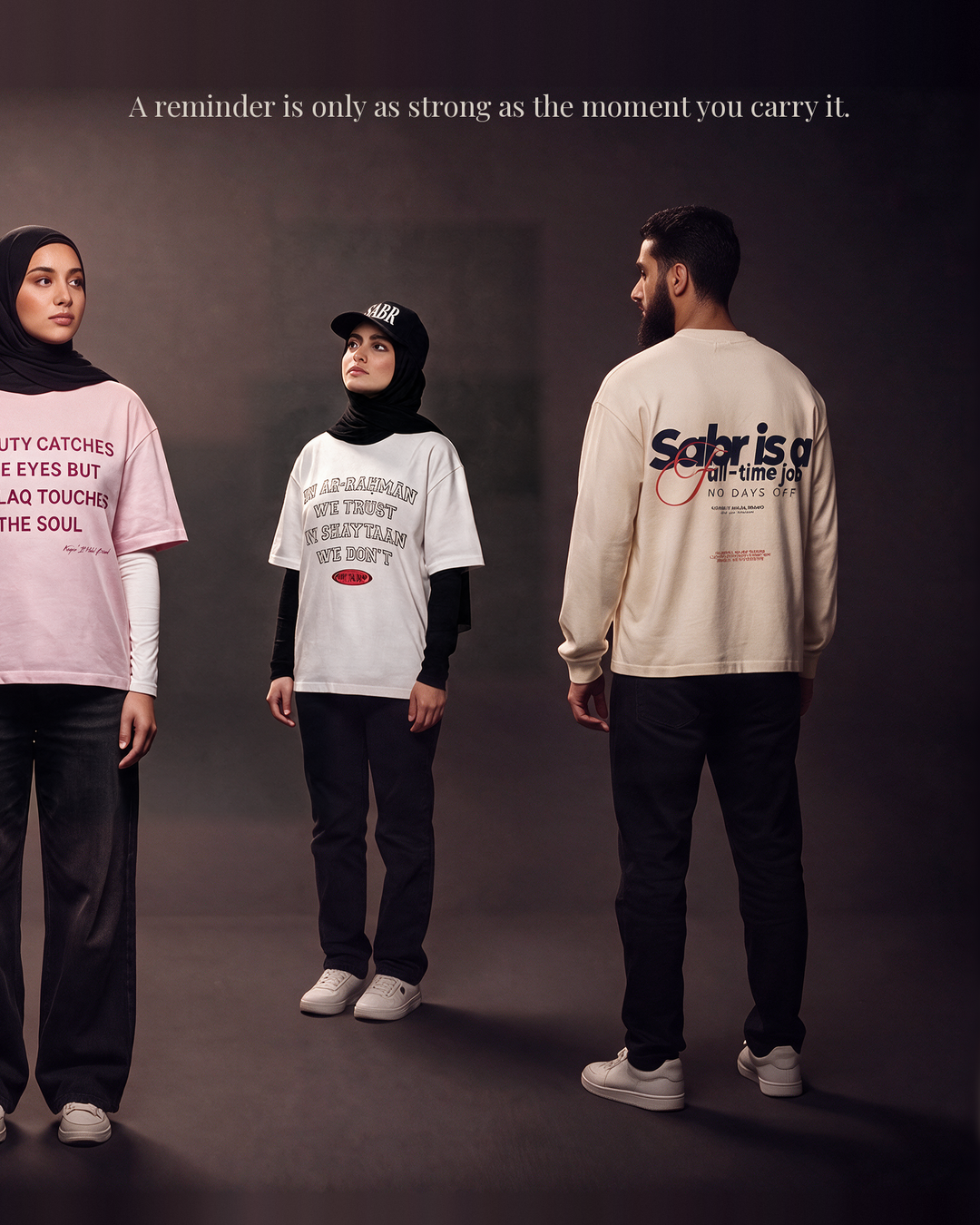 Models carrying reminders through everyday streetwear