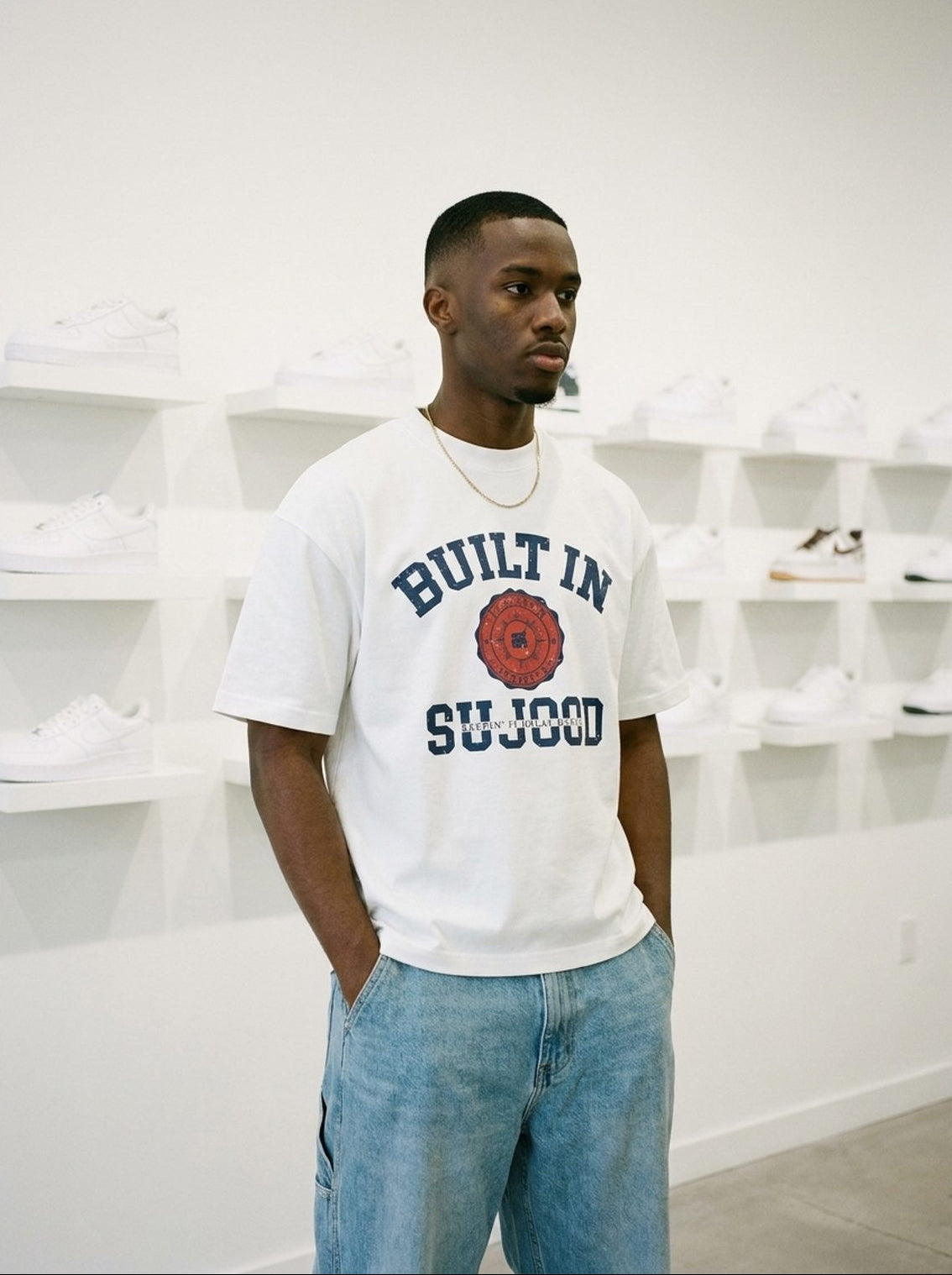 Built in Sujood white tee, sneaker showroom