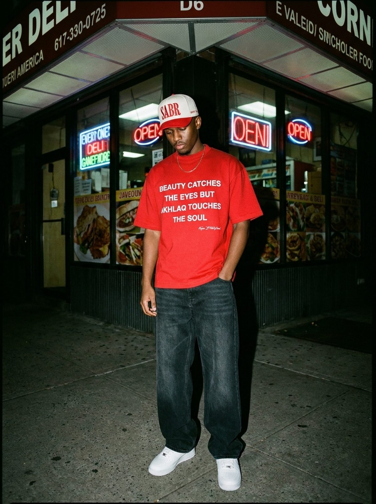 Akhlaq Over Beauty red heavy tee, deli flash