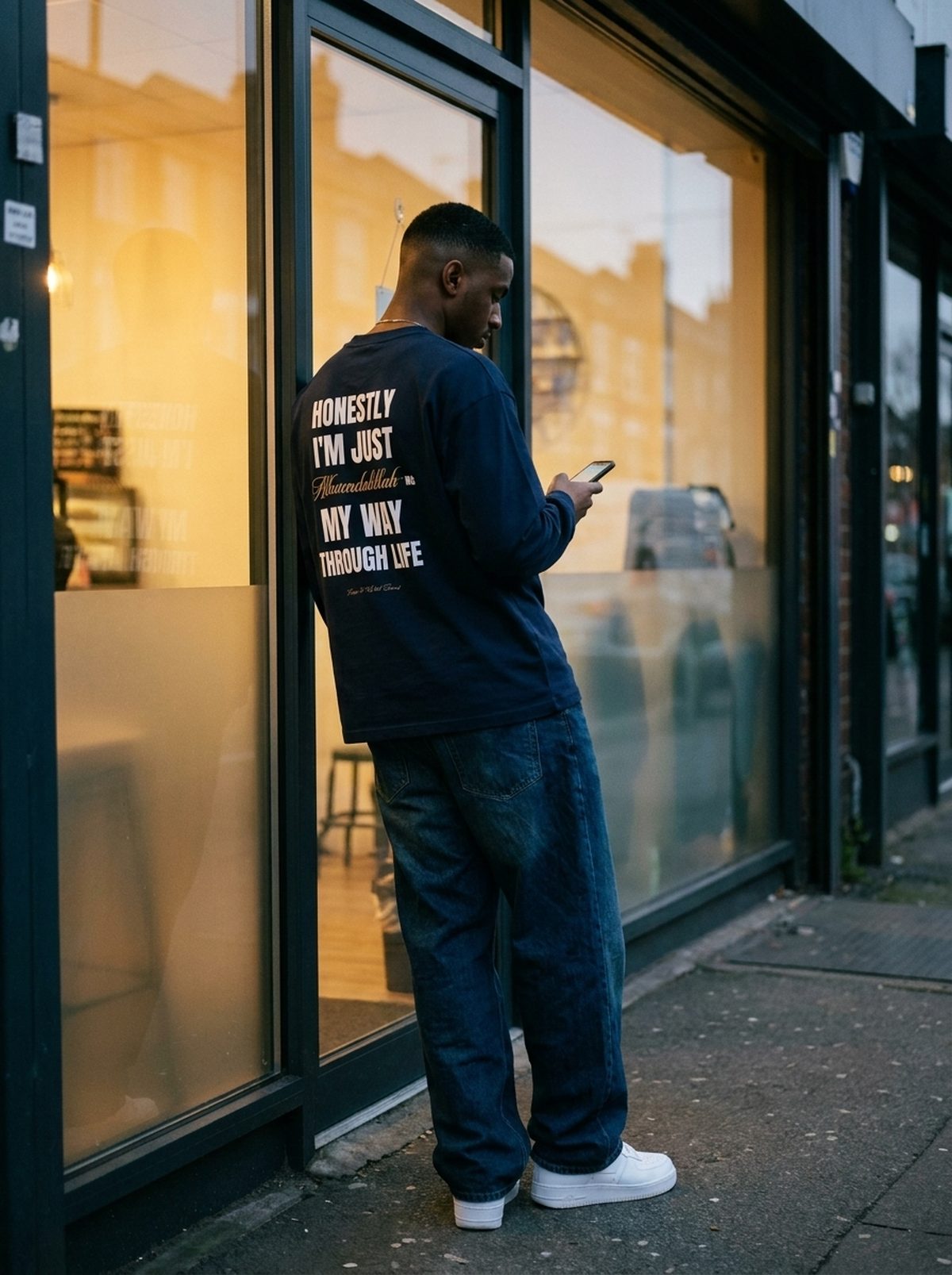 Honestly Alhamdulillah navy long sleeve, cafe window