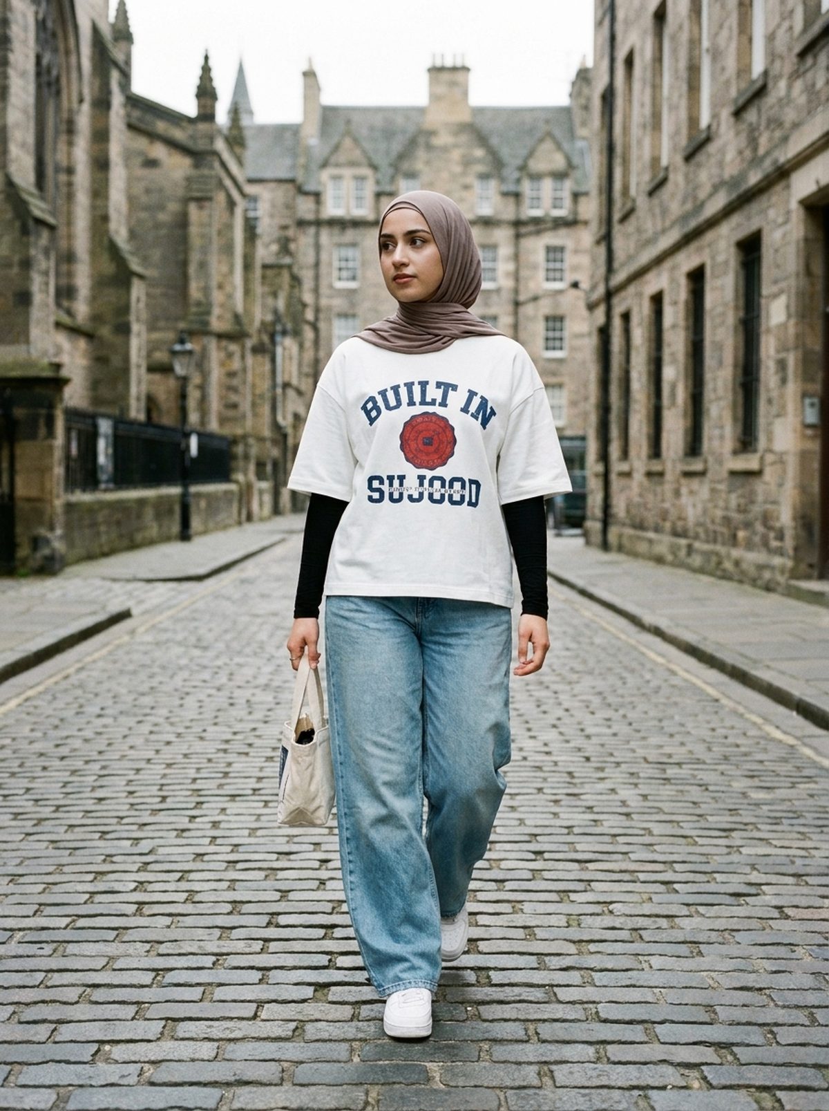 Built in Sujood white tee, cobbled street