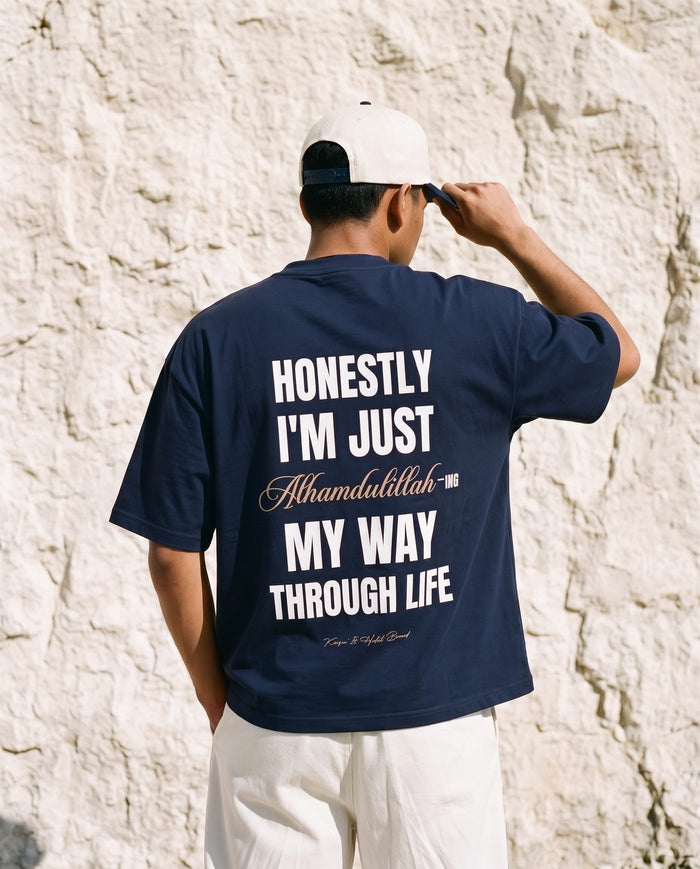 Honestly, Alhamdulillah navy boxy tee back print against limestone