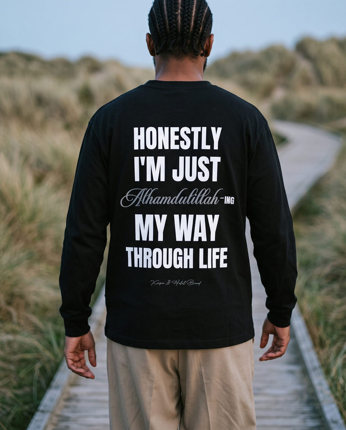 Honestly, Alhamdulillah black long sleeve back print on a dune boardwalk