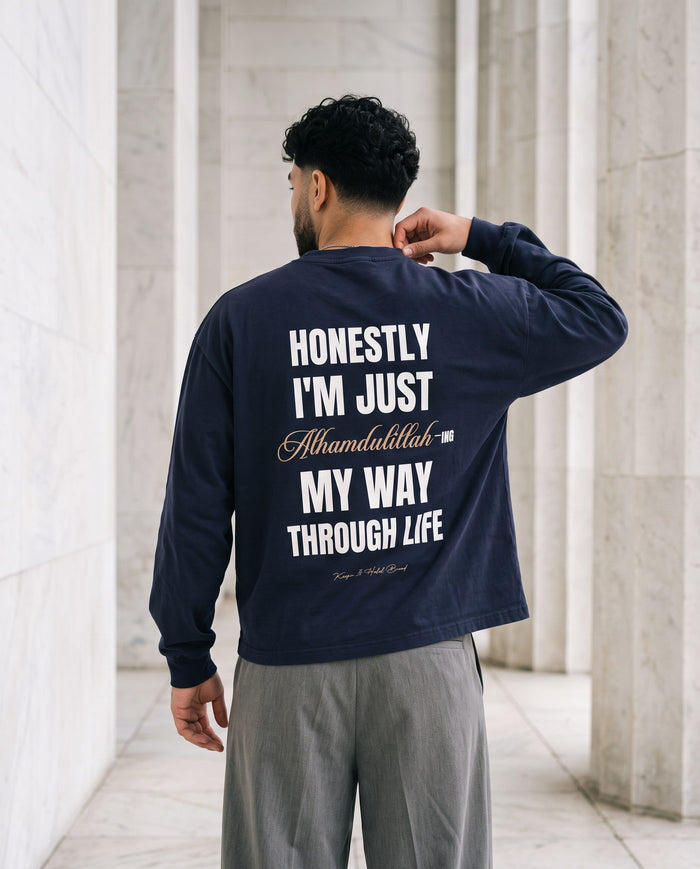 Honestly, Alhamdulillah vintage navy long sleeve back print in a marble portico