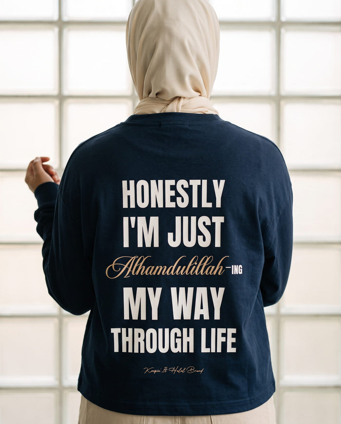 Honestly, Alhamdulillah vintage navy long sleeve back print against glass brick