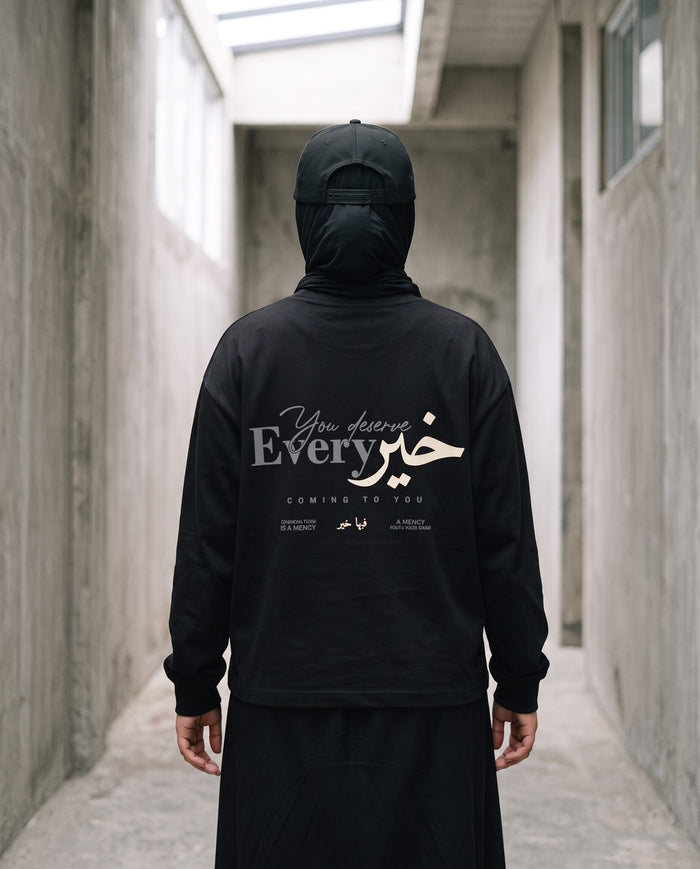 You Deserve Every Khayr black long sleeve back print in close detail
