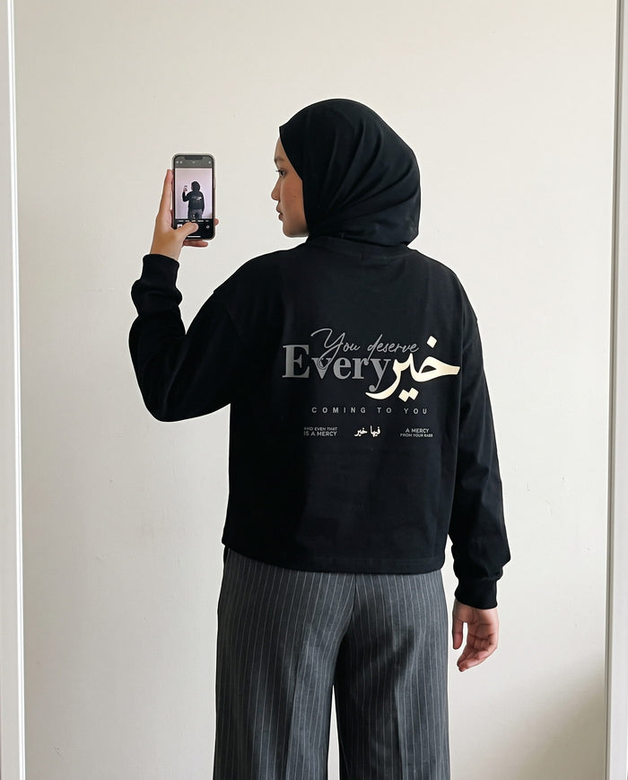 You Deserve Every Khayr black long sleeve back print in a mirror selfie