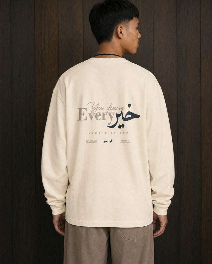 You Deserve Every Khayr bone long sleeve back print in close detail