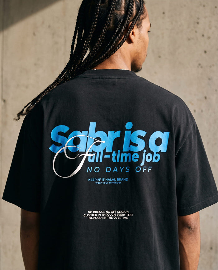 Full-Time Sabr black boxy tee back print in close detail