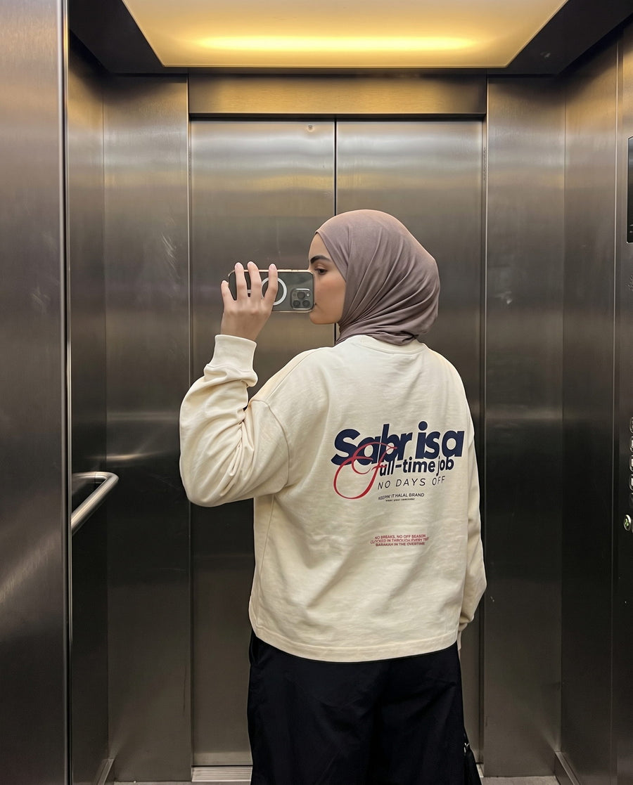 Full-Time Sabr bone long sleeve back print in an elevator mirror selfie
